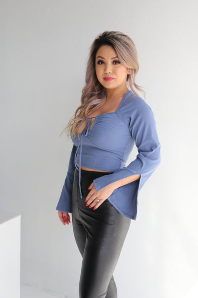 LUCIE HALTER LONG SLEEVE RUCHED TOP